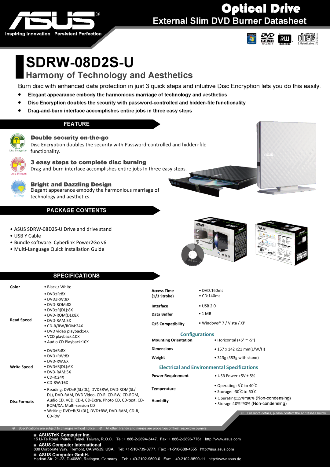 Asus SDRW08D2SUBGACIAS specifications SDRW-08D2S-U, Harmony of Technology and Aesthetics, Feature, Package Contents 