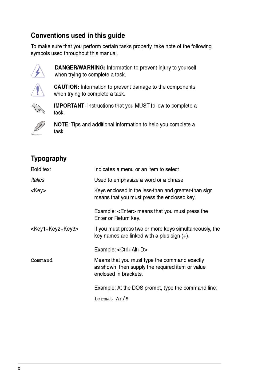 Asus Striker Extreme manual Conventions used in this guide, Typography, Italics 