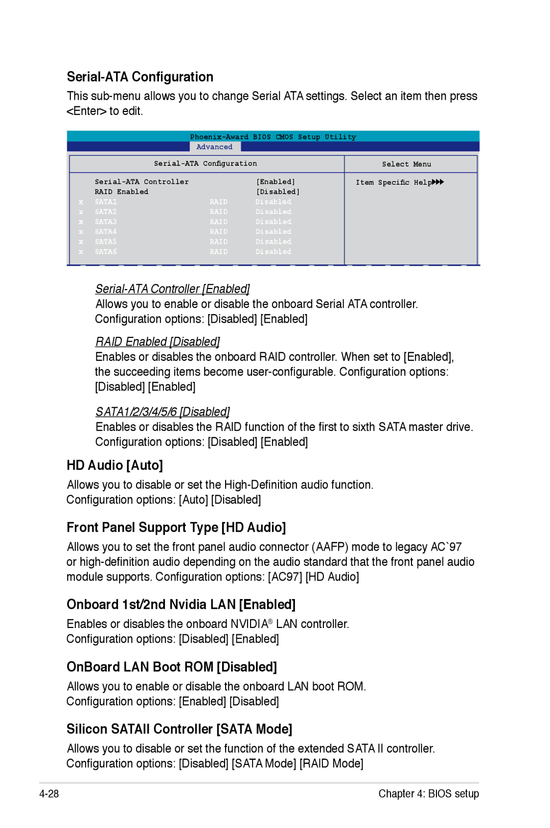 Asus Striker Extreme manual Serial-ATA Configuration, HD Audio Auto, Front Panel Support Type HD Audio 