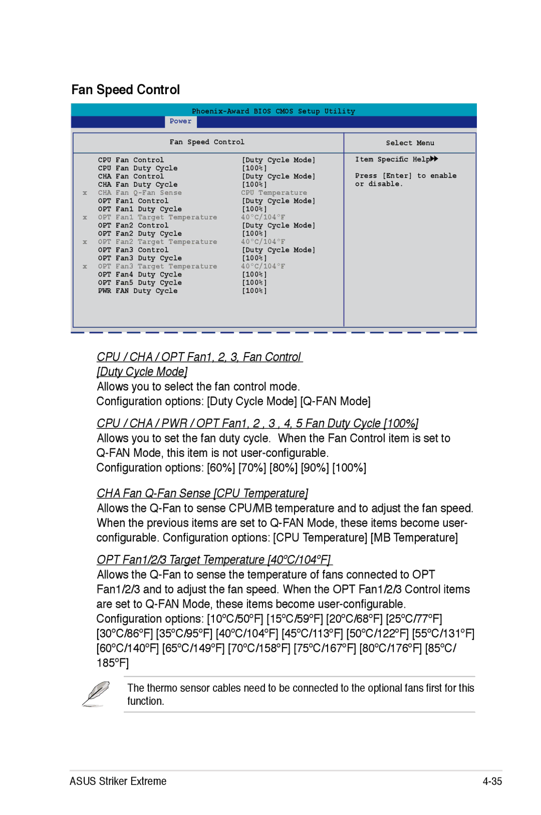 Asus Striker Extreme manual Fan Speed Control, CPU / CHA / OPT Fan1, 2, 3, Fan Control Duty Cycle Mode 