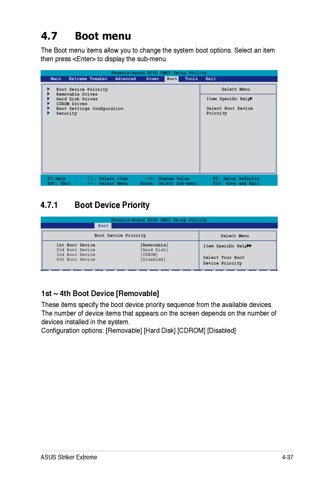 Asus Striker Extreme manual Boot menu, Boot Device Priority, 1st ~ 4th Boot Device Removable 