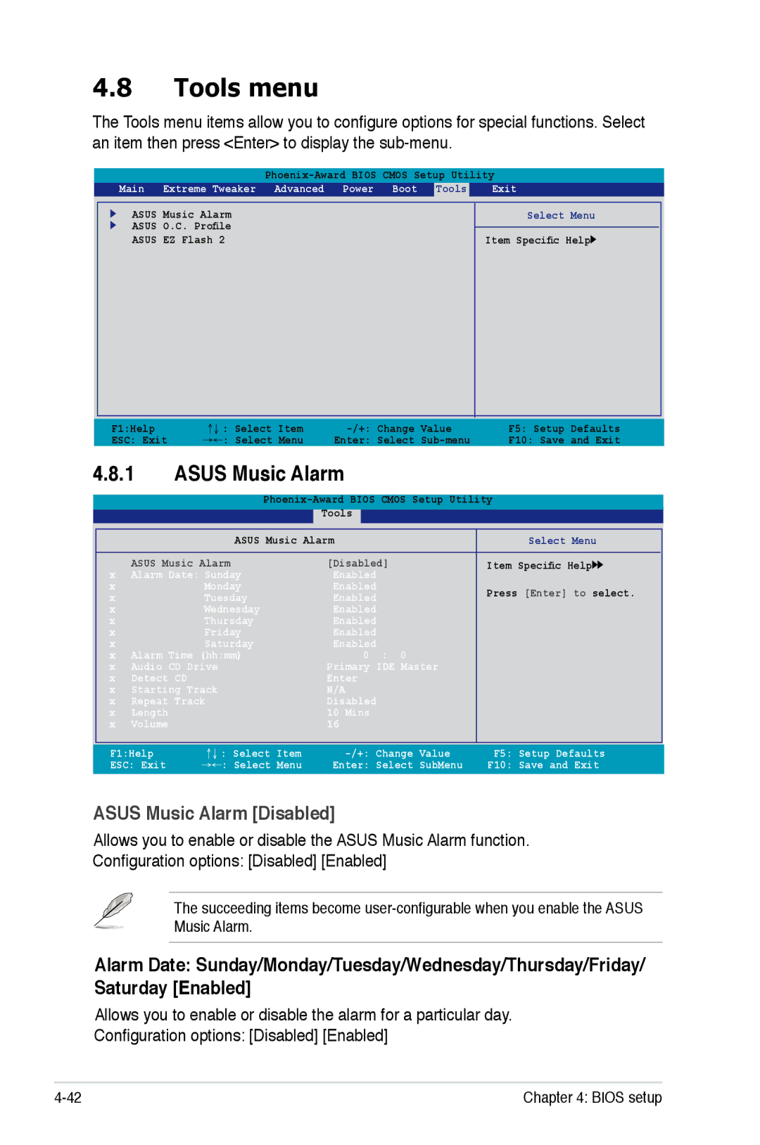 Asus Striker Extreme manual Tools menu, Asus Music Alarm 