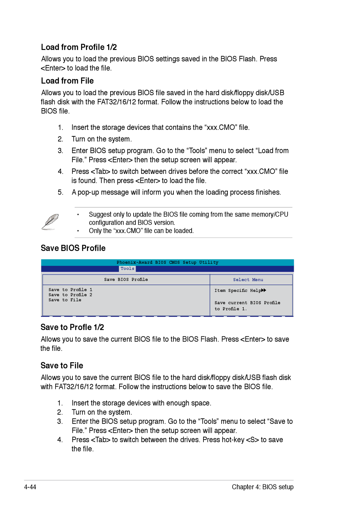 Asus Striker Extreme manual Load from Profile 1/2, Load from File, Save Bios Profile, Save to Profle 1/2, Save to File 