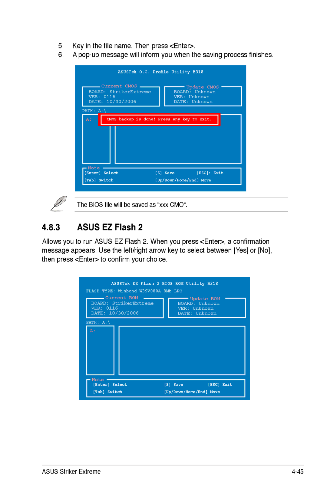 Asus Striker Extreme manual Asus EZ Flash, ASUSTek O.C. Profile Utility B318 