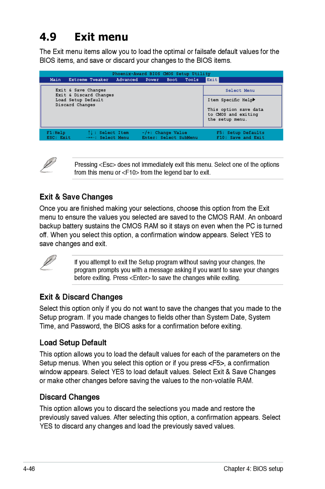 Asus Striker Extreme manual Exit menu, Exit & Save Changes, Exit & Discard Changes, Load Setup Default 