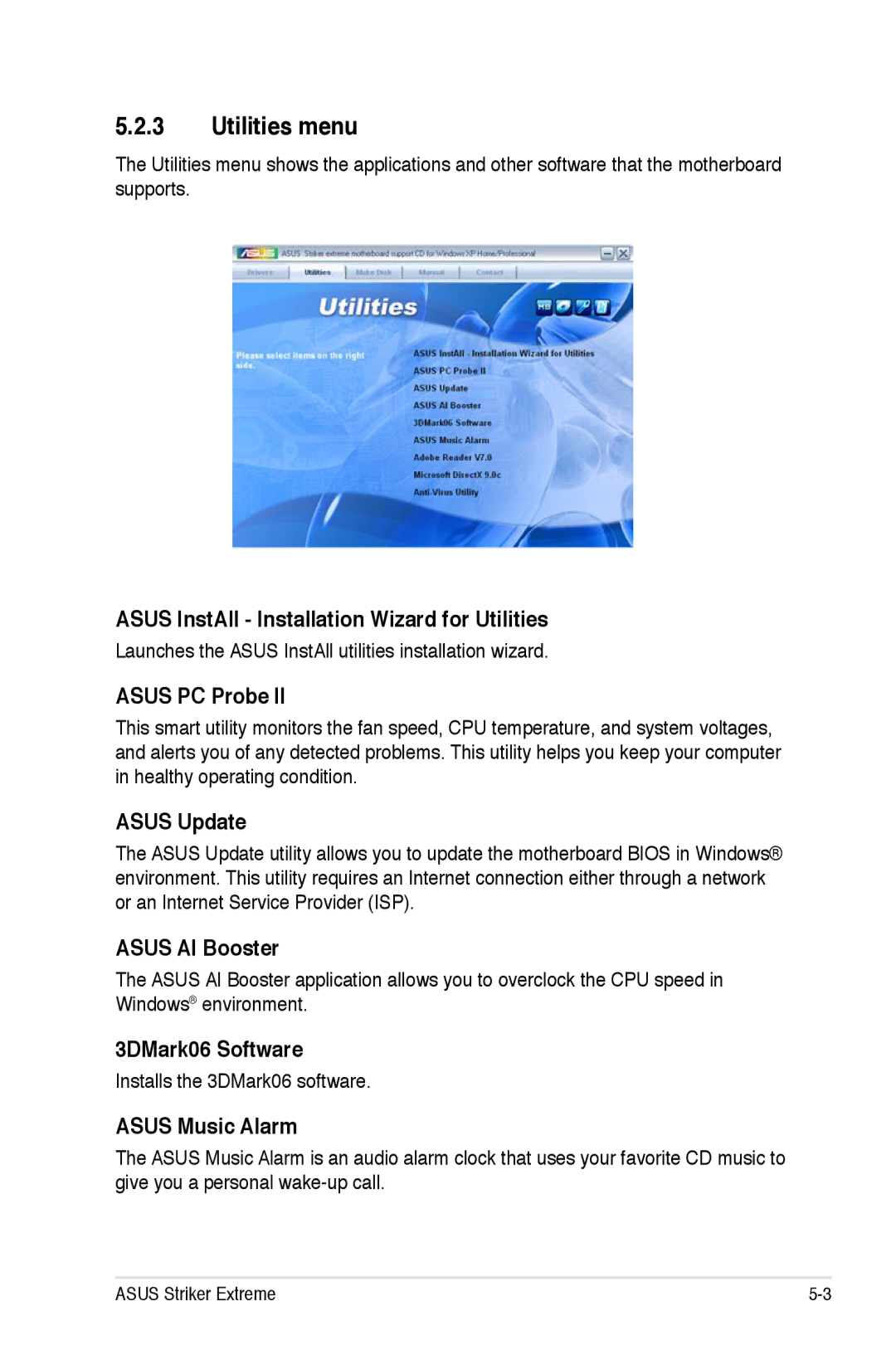 Asus Striker Extreme manual Utilities menu 