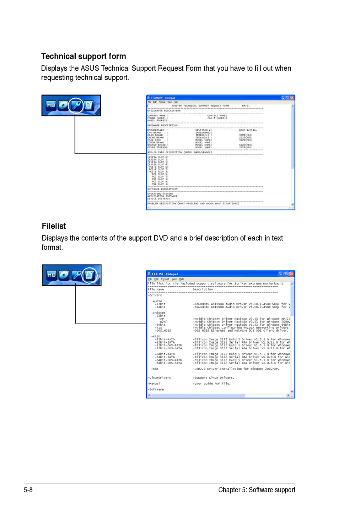 Asus Striker Extreme manual Technical support form, Filelist 