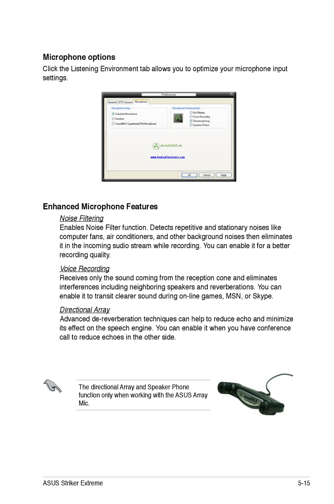 Asus Striker Extreme Microphone options, Enhanced Microphone Features, Noise Filtering, Voice Recording, Directional Array 