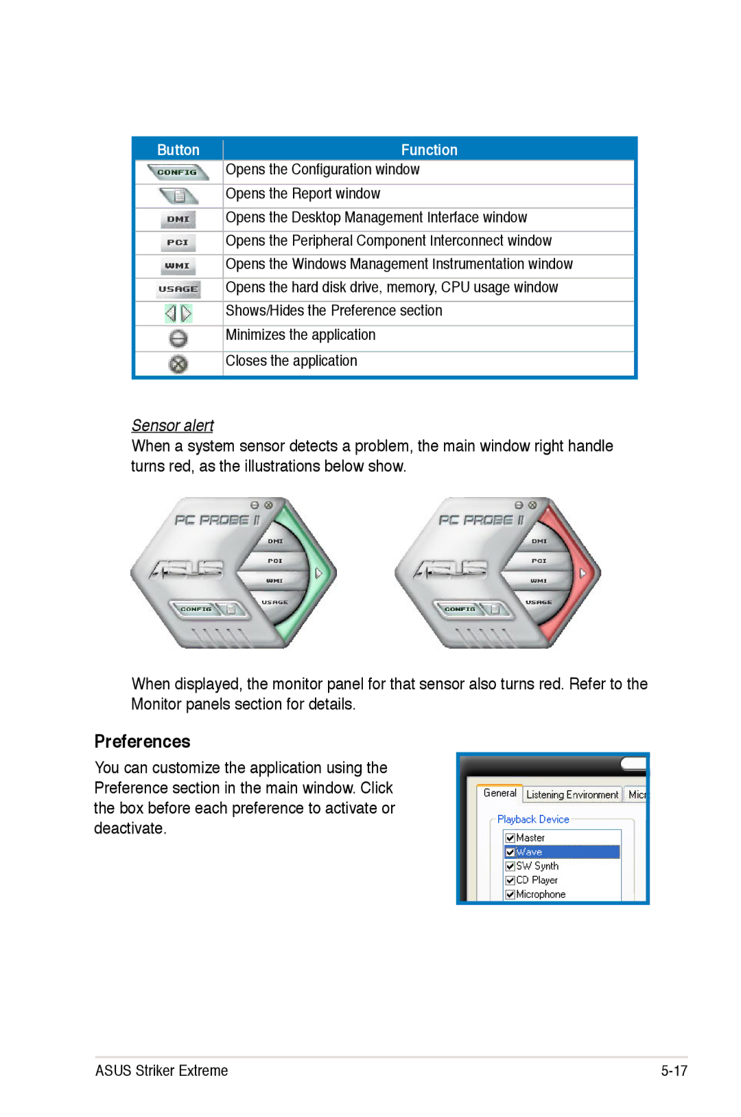 Asus Striker Extreme manual Preferences, Sensor alert 