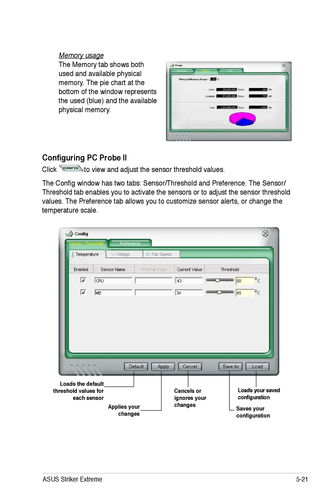 Asus Striker Extreme manual Configuring PC Probe, Memory usage 