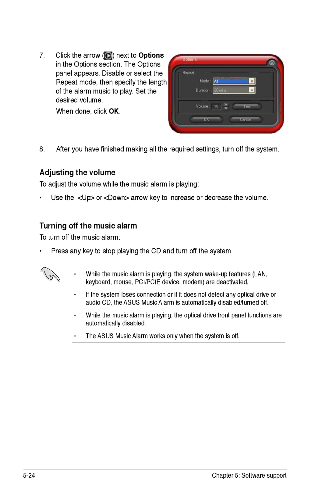 Asus Striker Extreme manual Adjusting the volume, Turning off the music alarm 