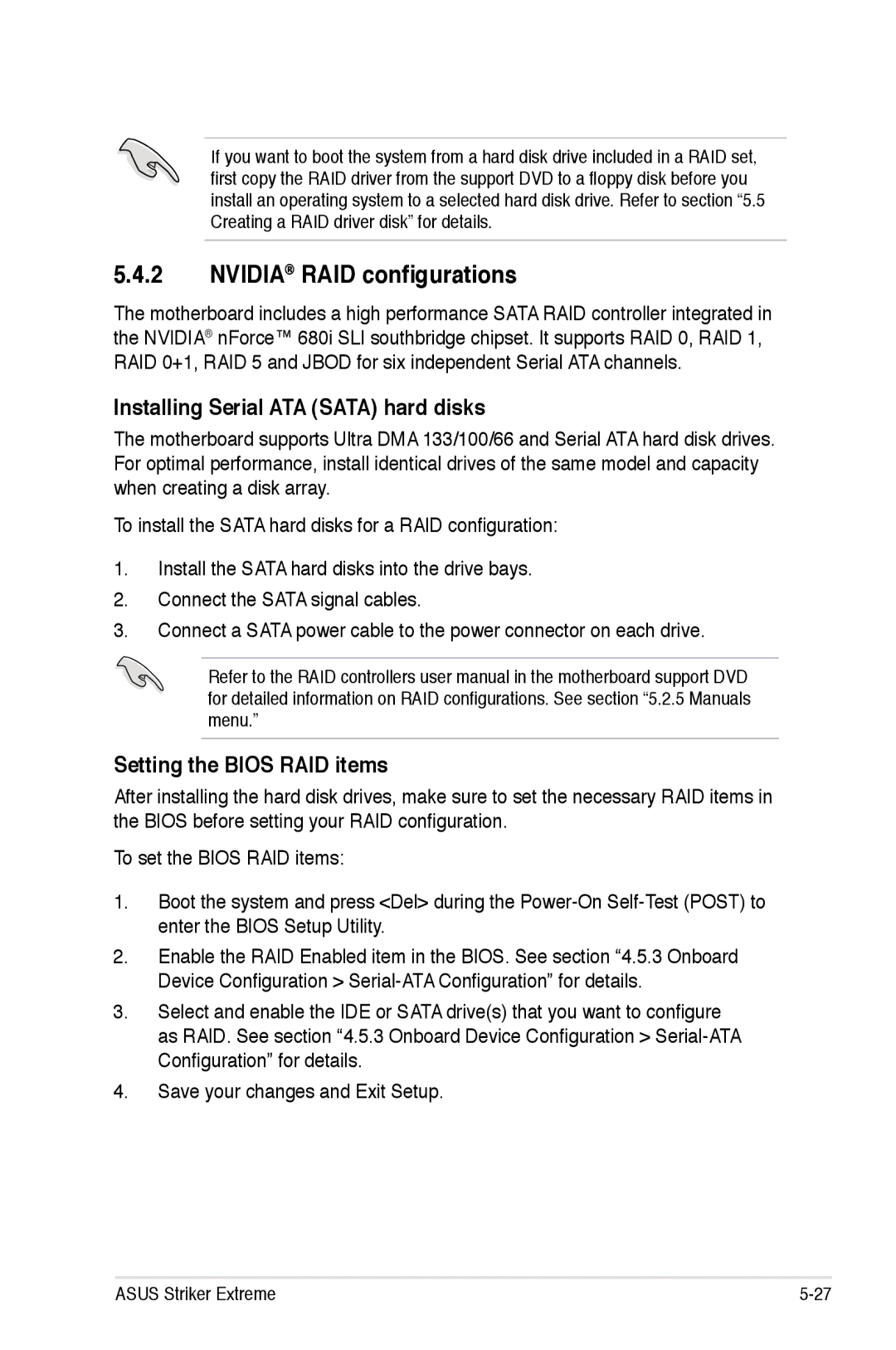 Asus Striker Extreme manual Nvidia RAID configurations, Installing Serial ATA Sata hard disks, Setting the Bios RAID items 