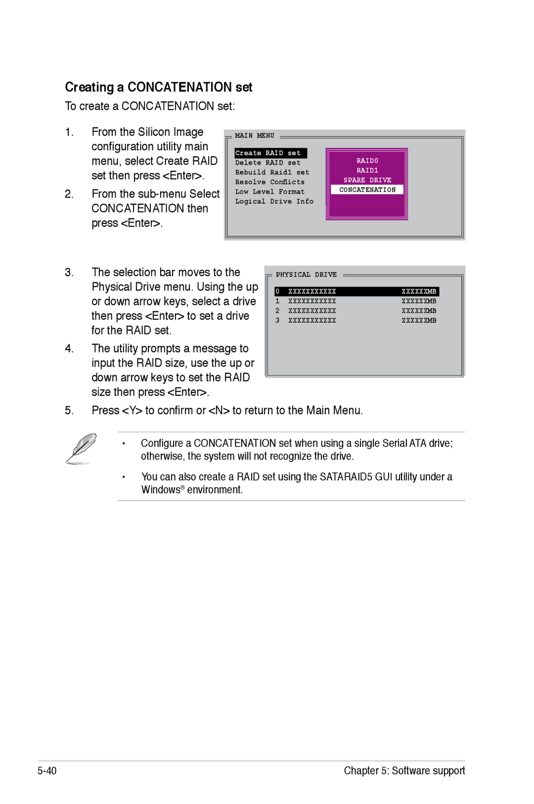 Asus Striker Extreme Creating a Concatenation set, To create a Concatenation set, Selection bar moves to, For the RAID set 