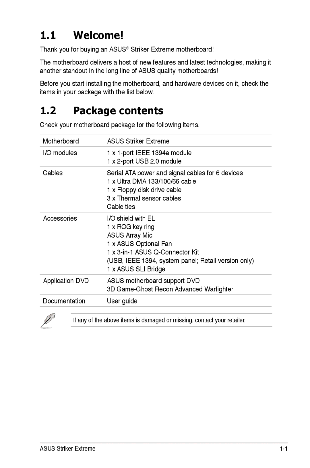 Asus Striker Extreme manual Welcome, Package contents 