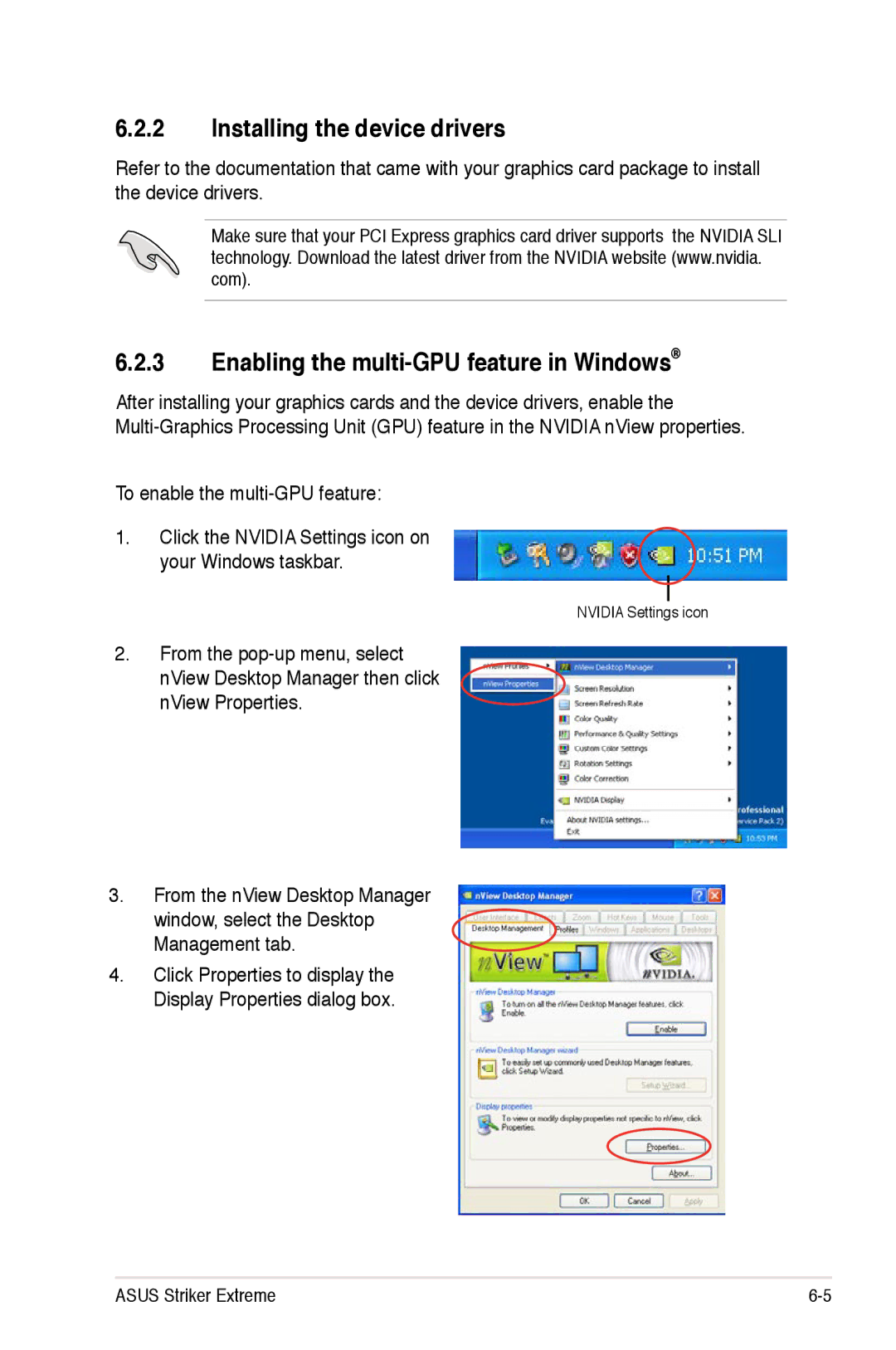 Asus Striker Extreme manual Installing the device drivers, Enabling the multi-GPU feature in Windows 