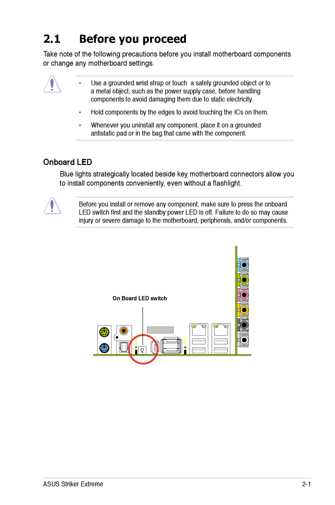 Asus Striker Extreme manual Before you proceed, Onboard LED 