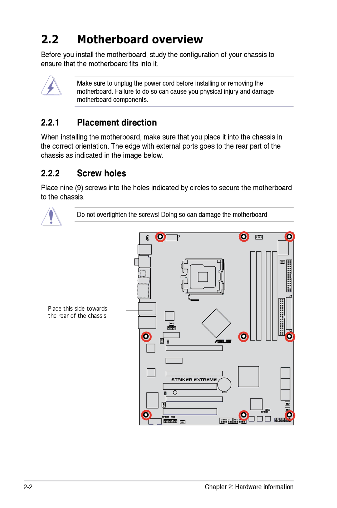 Asus Striker Extreme manual Motherboard overview, Placement direction, Screw holes 