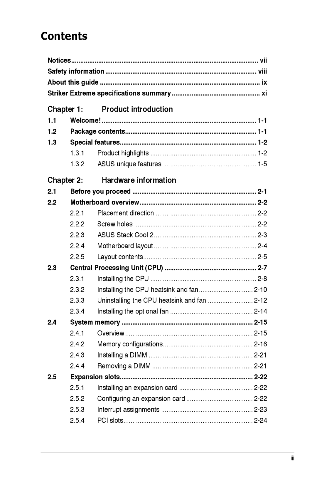 Asus Striker Extreme manual Contents 