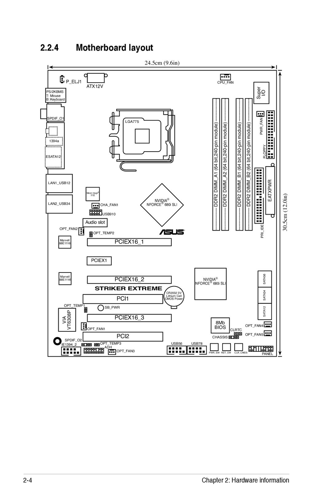 Asus Striker Extreme manual Motherboard layout, 24.5cm 9.6in 