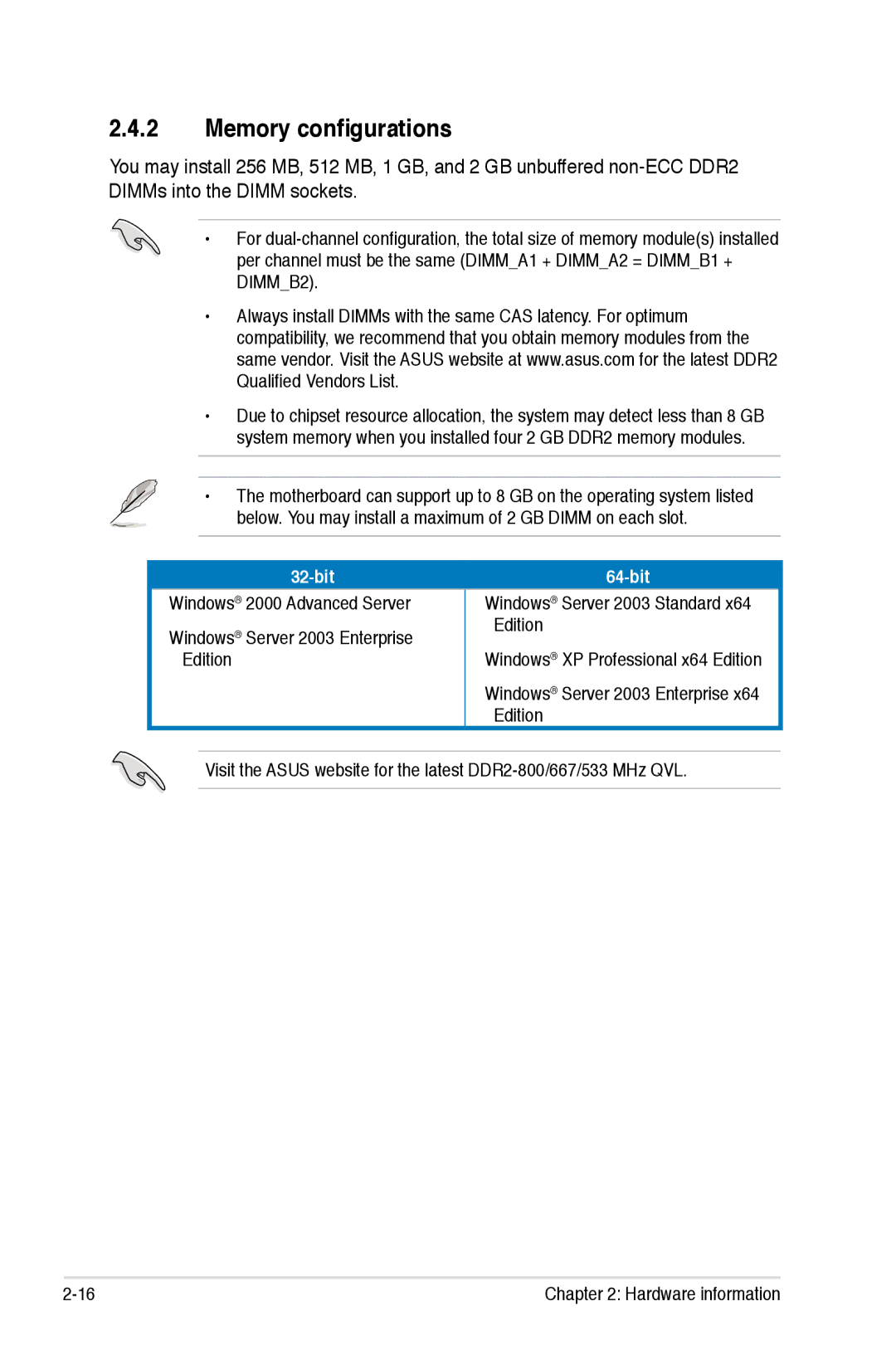 Asus Striker Extreme manual Memory configurations, bit 64-bit 