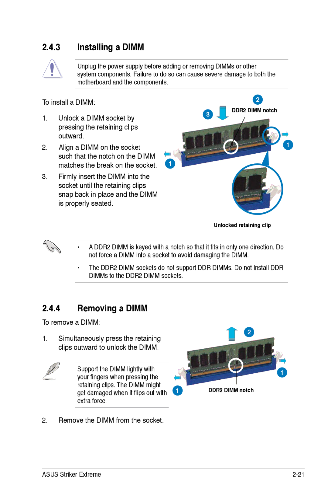 Asus Striker Extreme manual Installing a Dimm, Removing a Dimm, To install a Dimm Unlock a Dimm socket by 