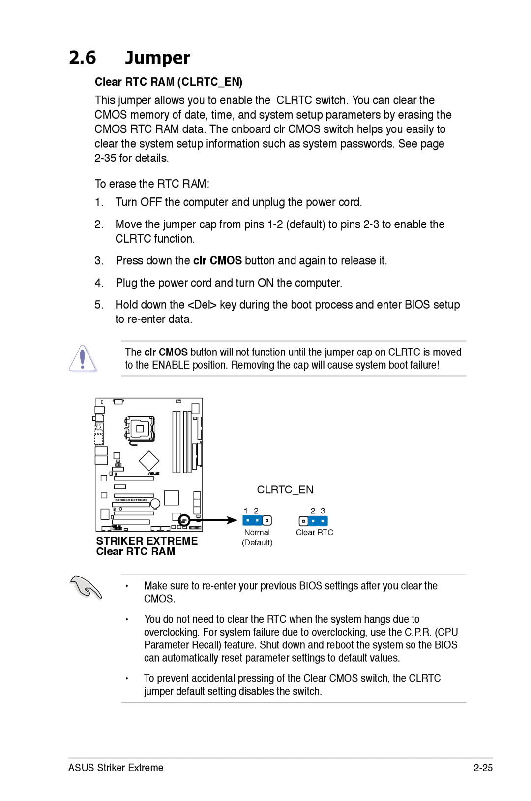 Asus Striker Extreme manual Jumper, Clear RTC RAM Clrtcen 