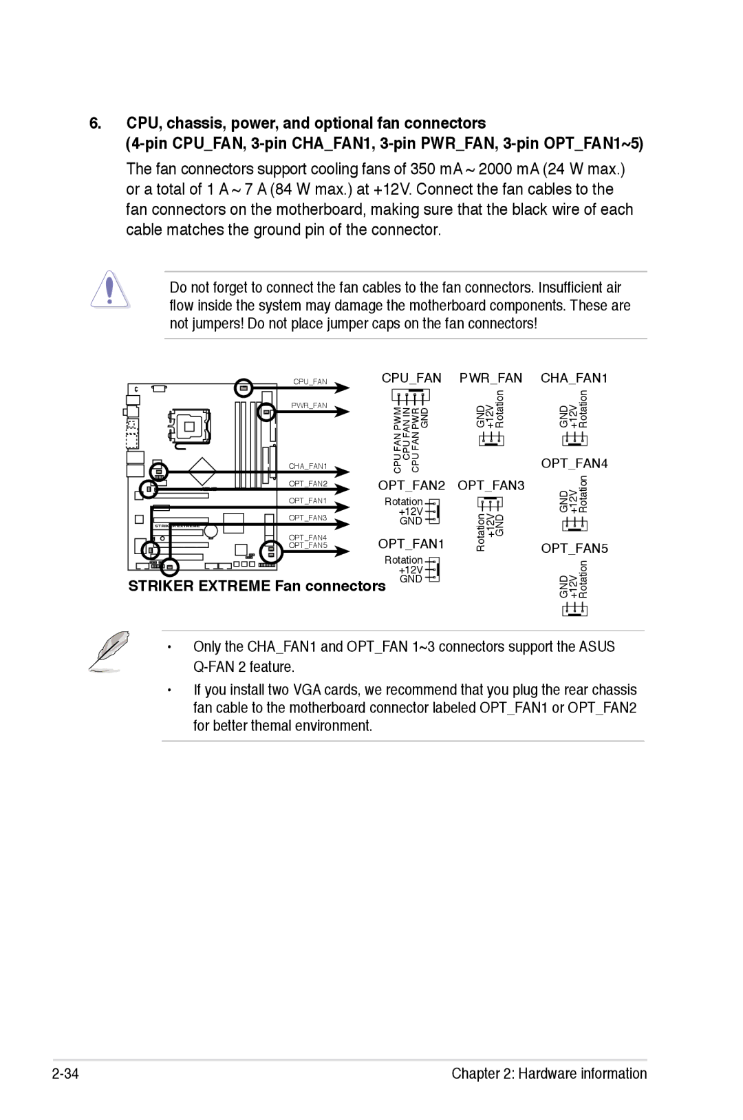 Asus manual CPU, chassis, power, and optional fan connectors, Striker Extreme Fan connectors 