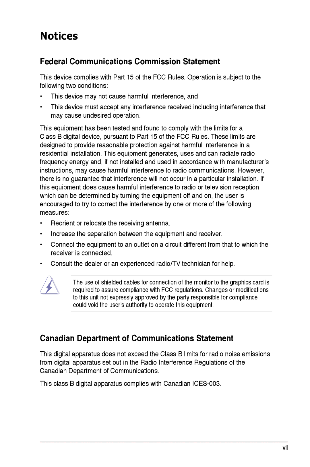 Asus Striker Extreme manual Federal Communications Commission Statement, Canadian Department of Communications Statement 