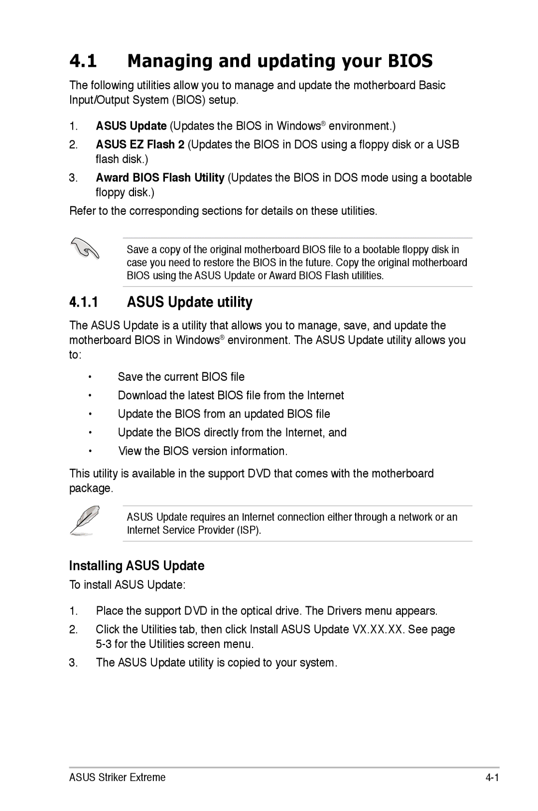 Asus Striker Extreme manual Managing and updating your Bios, Asus Update utility, Installing Asus Update 