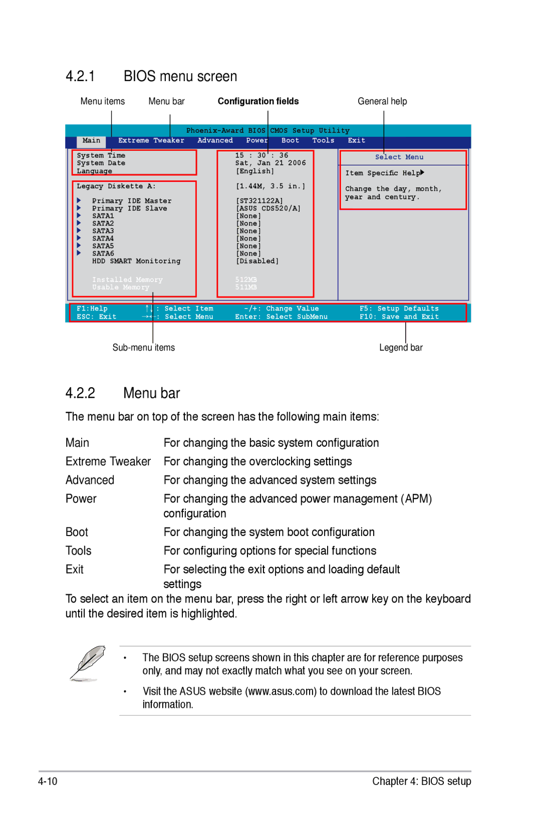 Asus Striker Extreme manual Bios menu screen, Menu bar 