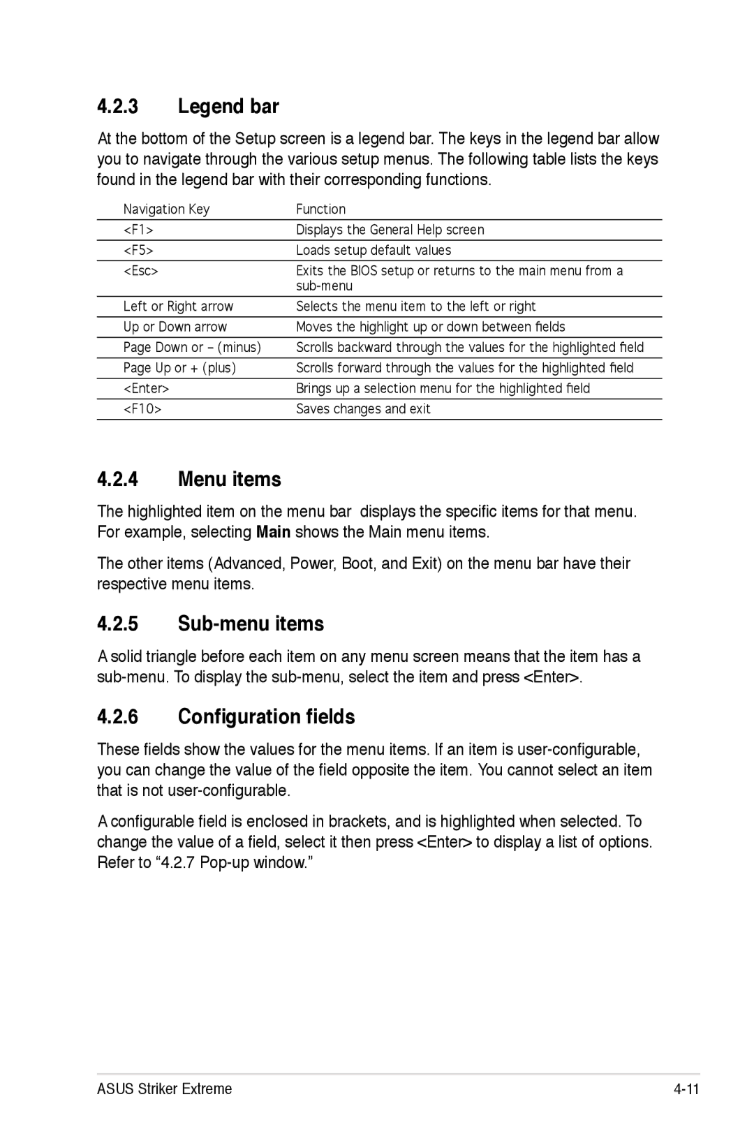 Asus Striker Extreme manual Menu items, Sub-menu items, Configuration fields 