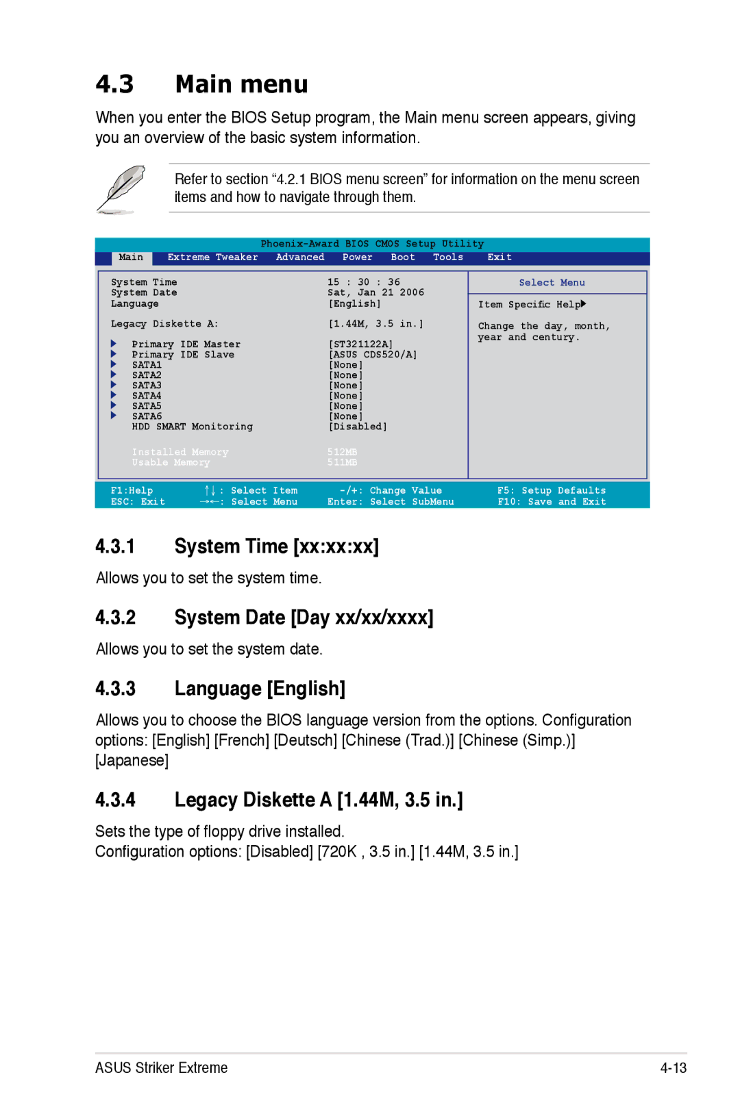 Asus Striker Extreme Main menu, System Time, System Date Day xx/xx/xxxx, Language English, Legacy Diskette a 1.44M, 3.5 