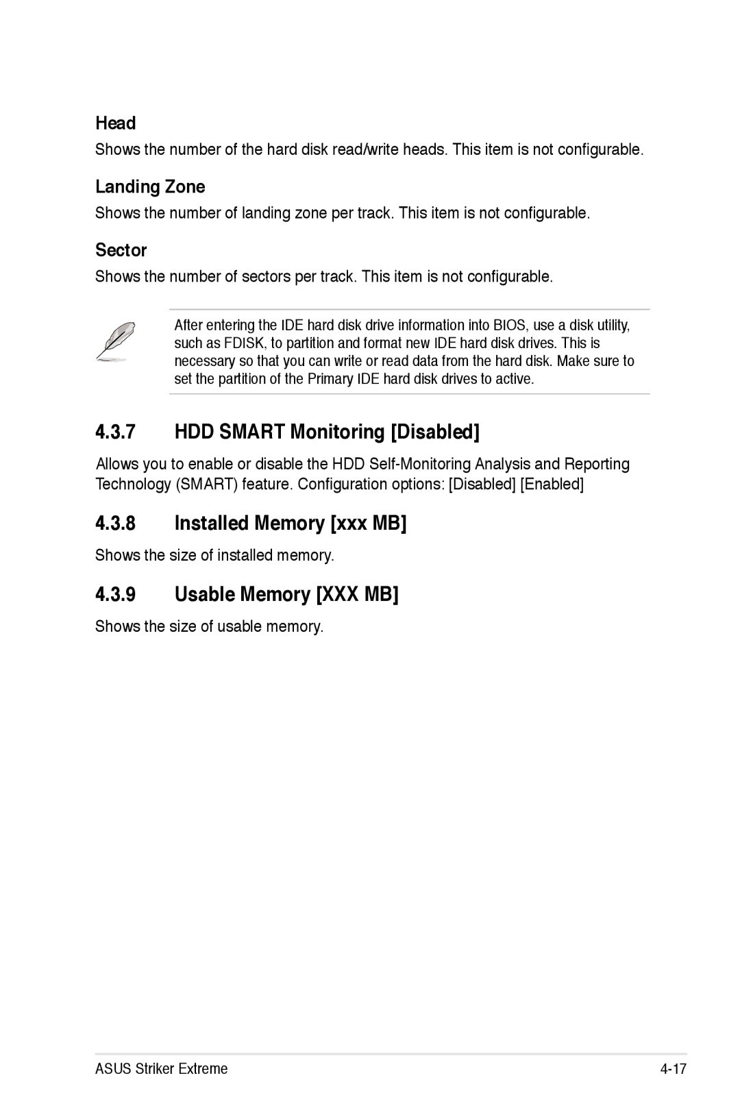 Asus Striker Extreme manual HDD Smart Monitoring Disabled, Installed Memory xxx MB, Usable Memory XXX MB, Landing Zone 