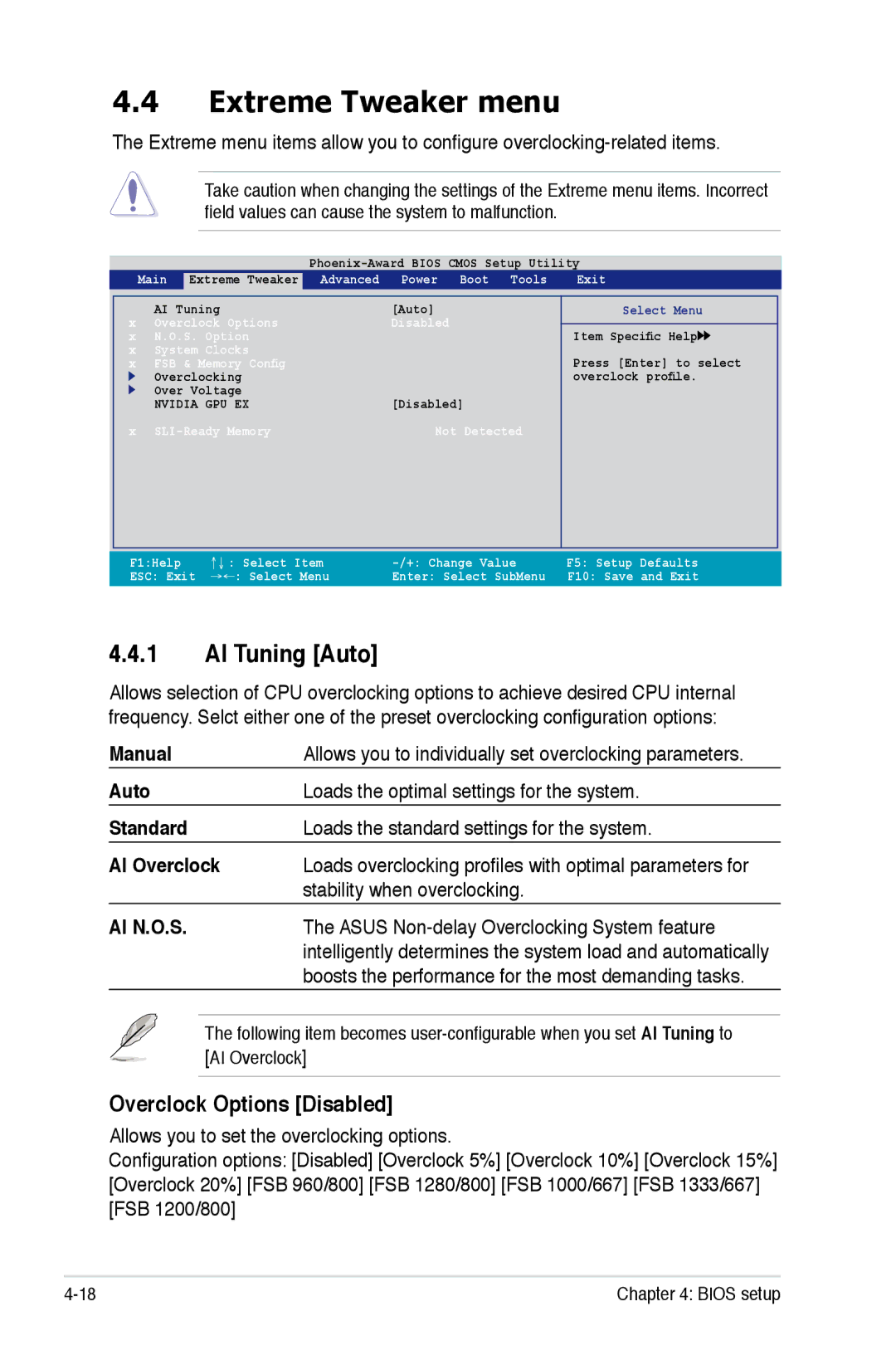 Asus Striker Extreme manual Extreme Tweaker menu, AI Tuning Auto, Overclock Options Disabled 