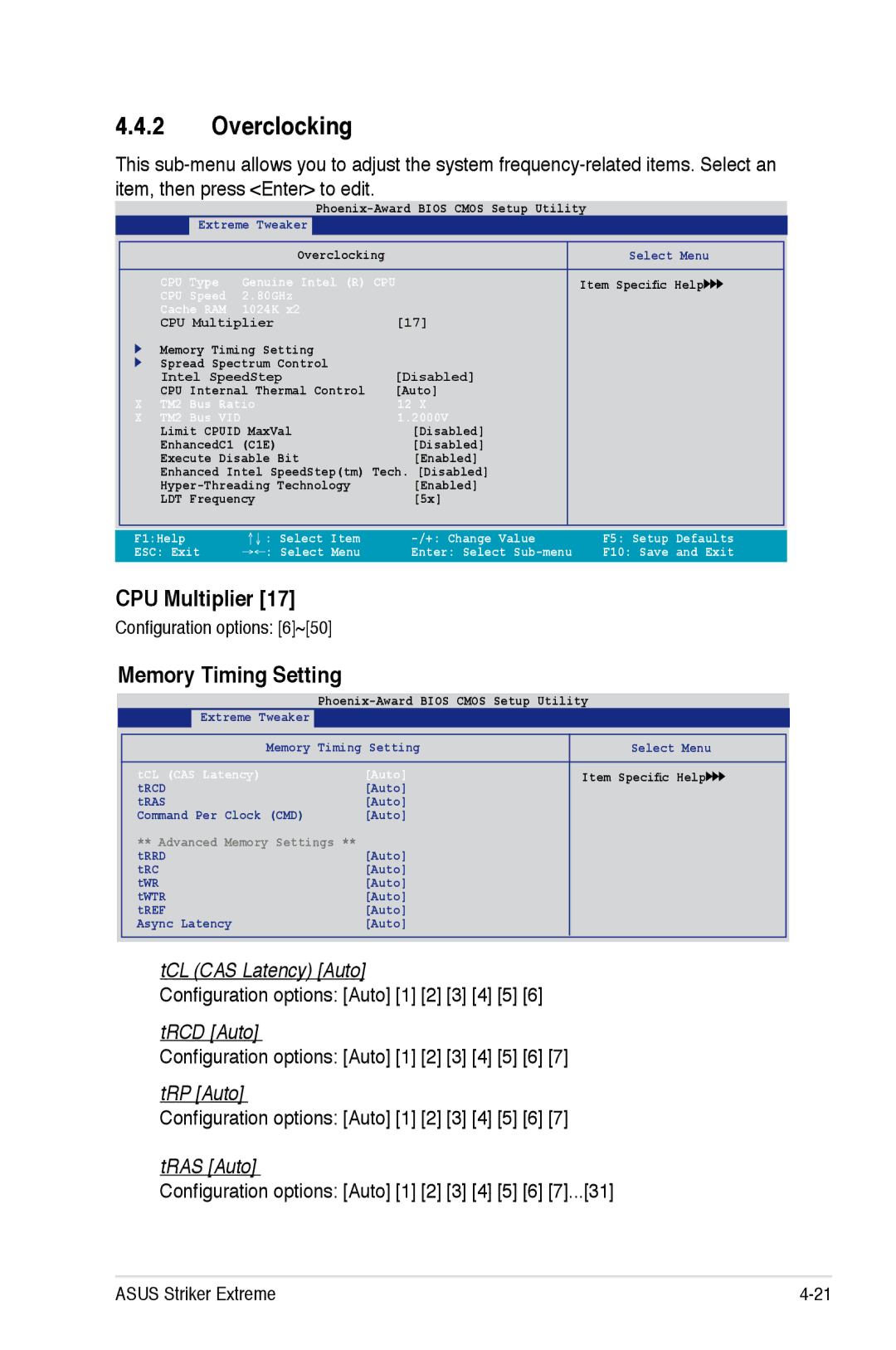 Asus Striker Extreme manual Overclocking, CPU Multiplier, Memory Timing Setting 