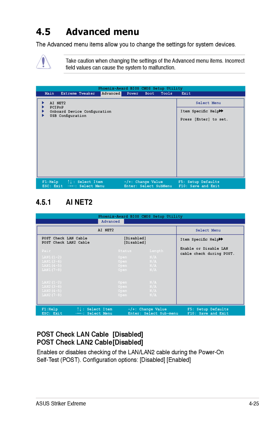 Asus Striker Extreme manual Advanced menu, AI NET2, Post Check LAN Cable Disabled Post Check LAN2 CableDisabled 