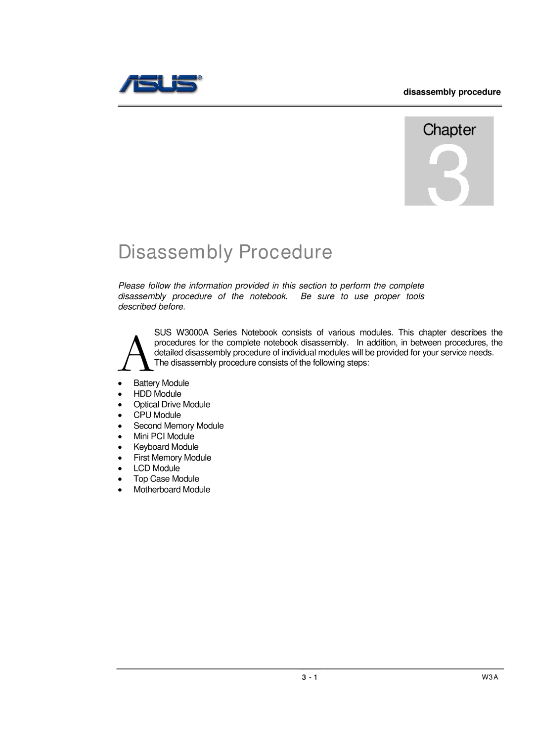 Asus W3A, SUSW3000A manual Disassembly Procedure 