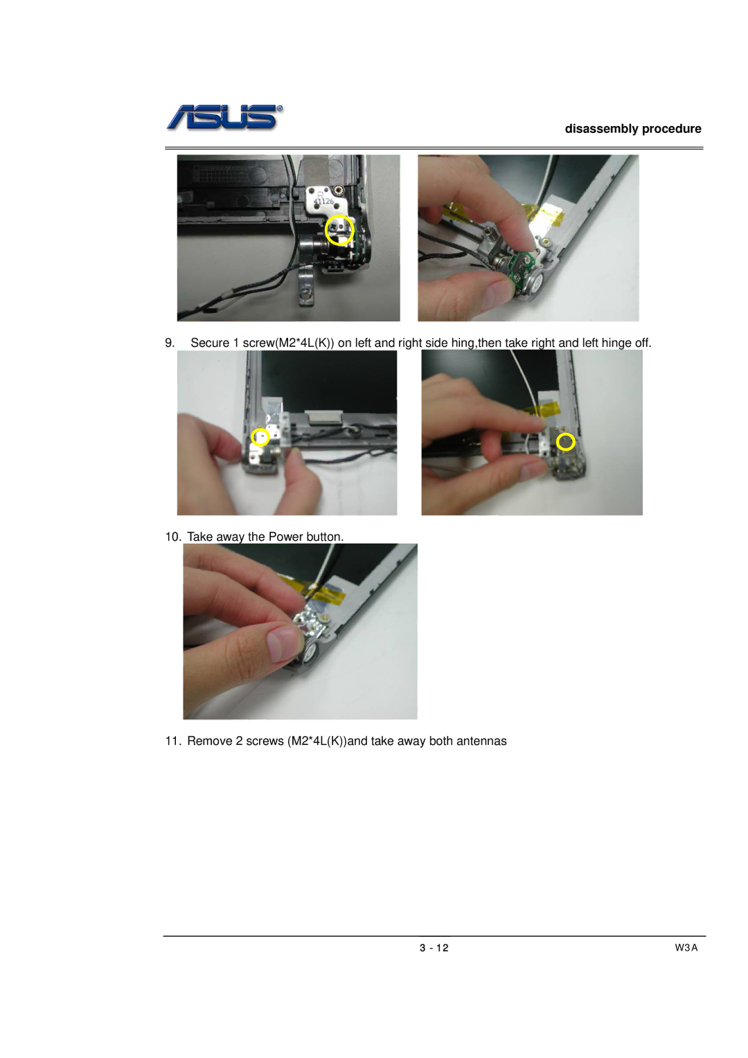 Asus SUSW3000A, W3A manual Disassembly procedure 