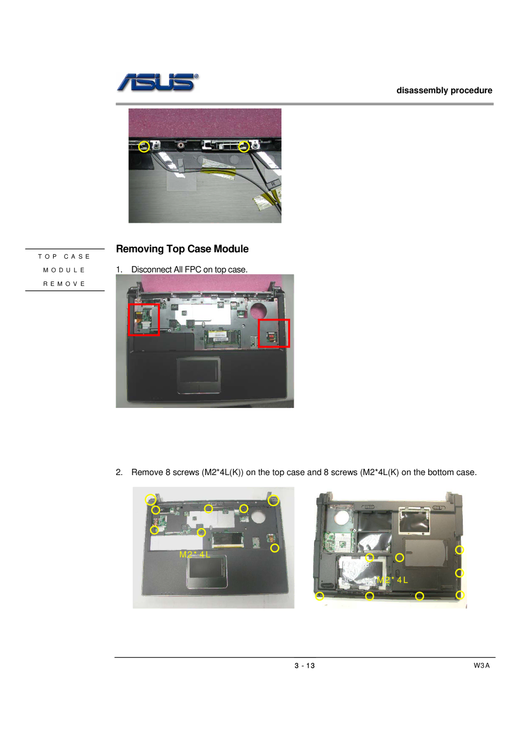 Asus W3A, SUSW3000A manual Removing Top Case Module 