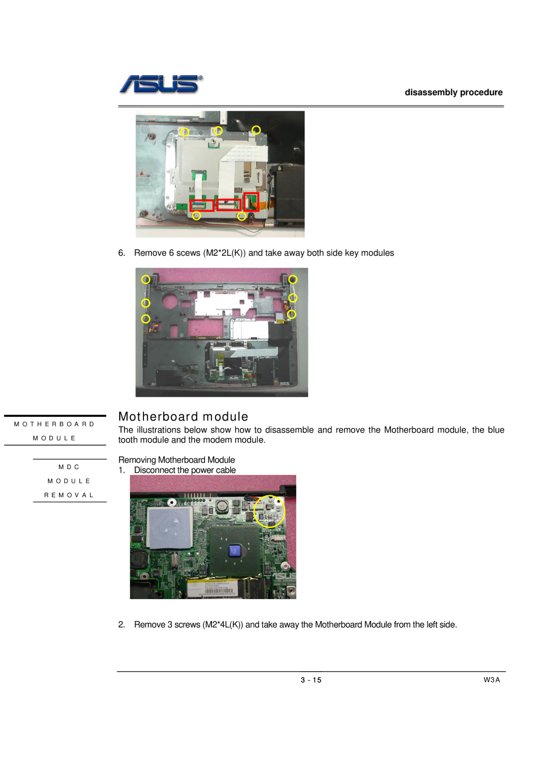 Asus W3A, SUSW3000A manual Motherboard module 