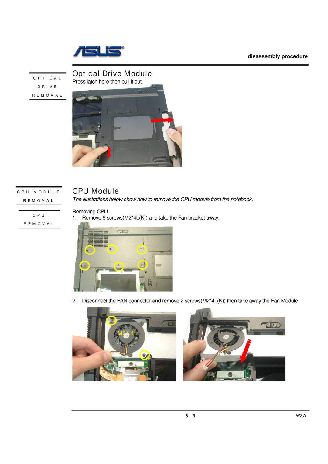 Asus W3A, SUSW3000A manual Optical Drive Module, CPU Module 