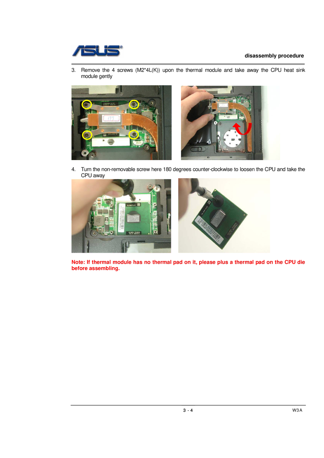 Asus SUSW3000A, W3A manual Disassembly procedure 