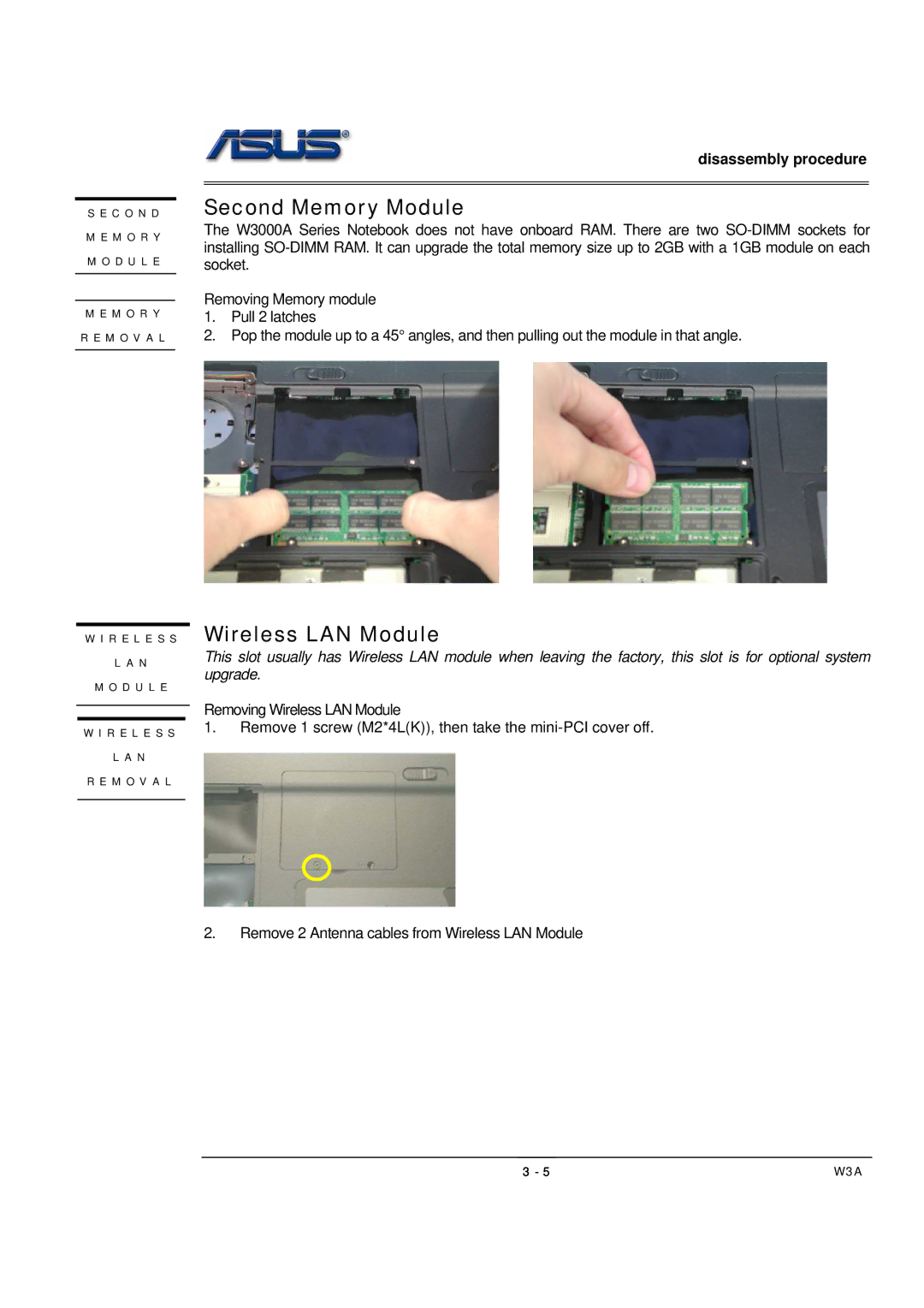 Asus W3A, SUSW3000A manual Second Memory Module, Wireless LAN Module 