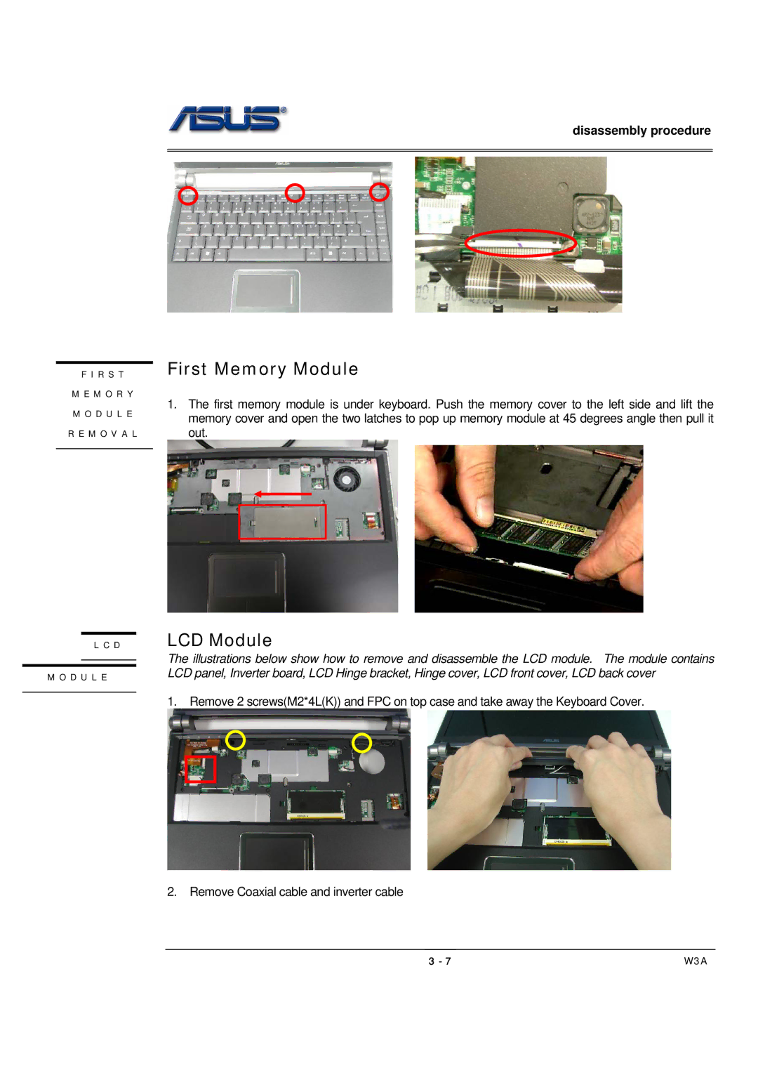 Asus W3A, SUSW3000A manual First Memory Module, LCD Module 