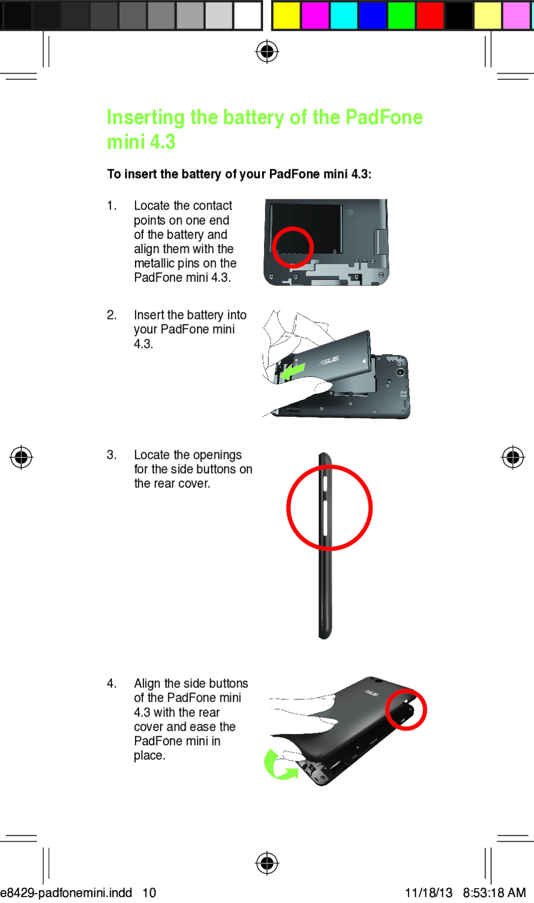 Asus T00C user manual Inserting the battery of the PadFone mini, To insert the battery of your PadFone mini 