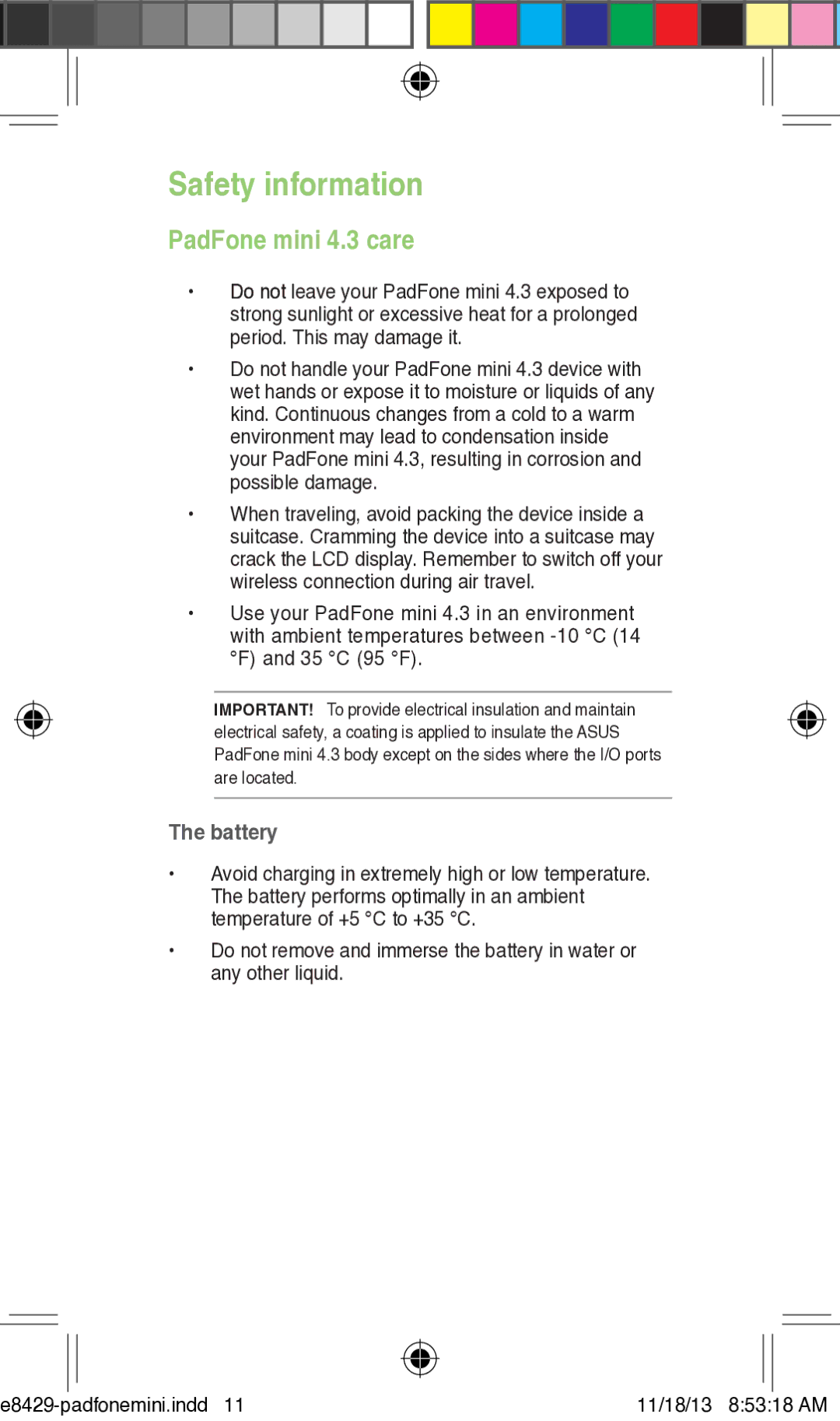 Asus T00C user manual Safety information, PadFone mini 4.3 care, Battery 