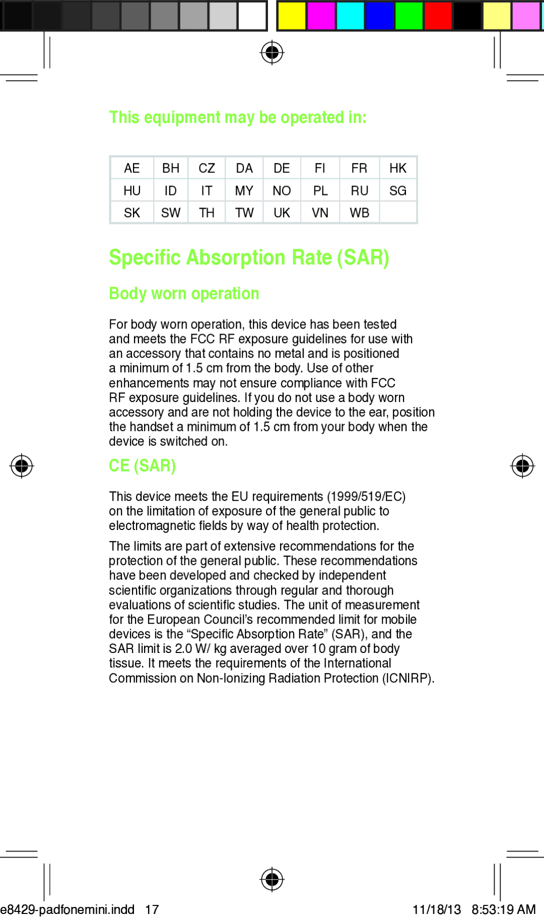 Asus T00C user manual Specific Absorption Rate SAR, This equipment may be operated, Body worn operation 