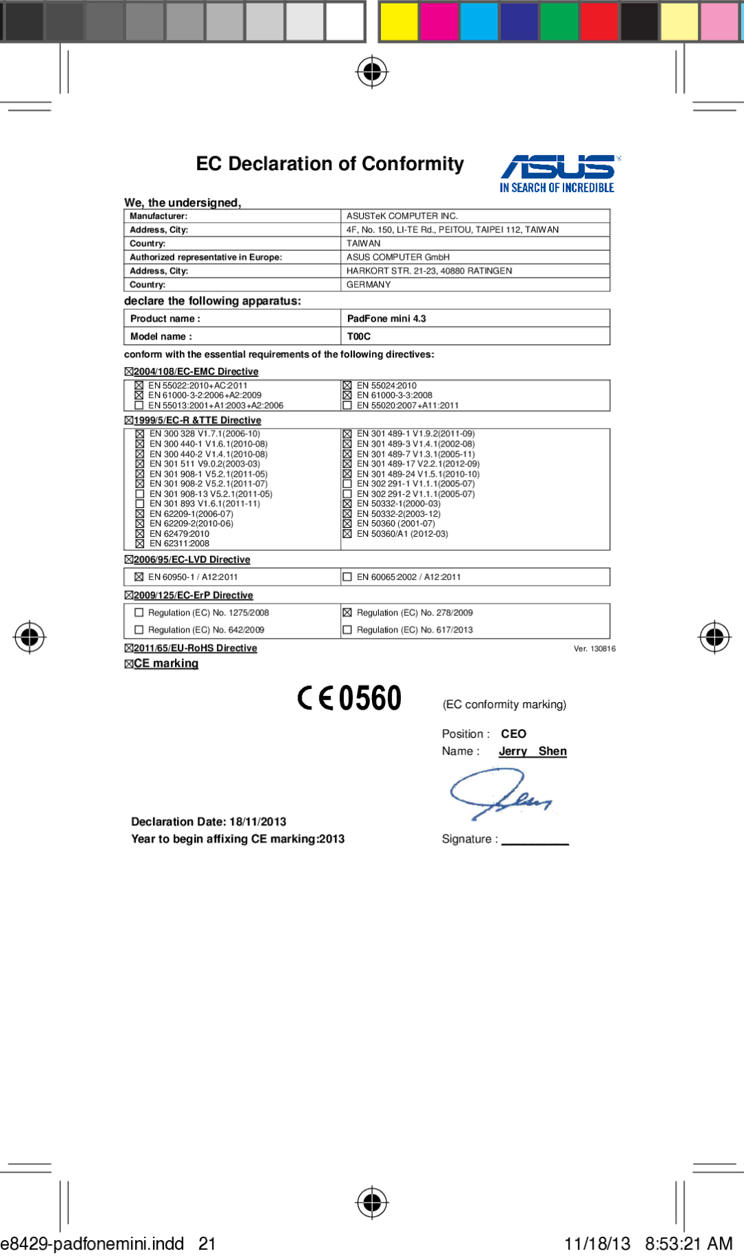 Asus T00C user manual EC Declaration of Conformity, We, the undersigned 