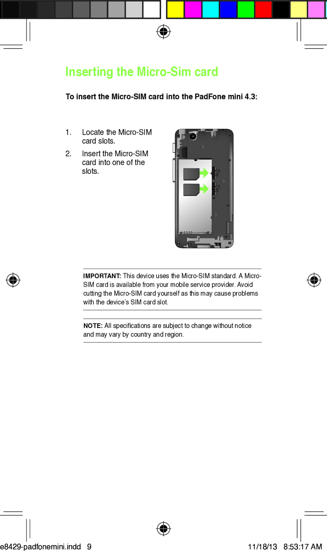 Asus T00C user manual Inserting the Micro-Sim card, To insert the Micro-SIM card into the PadFone mini 