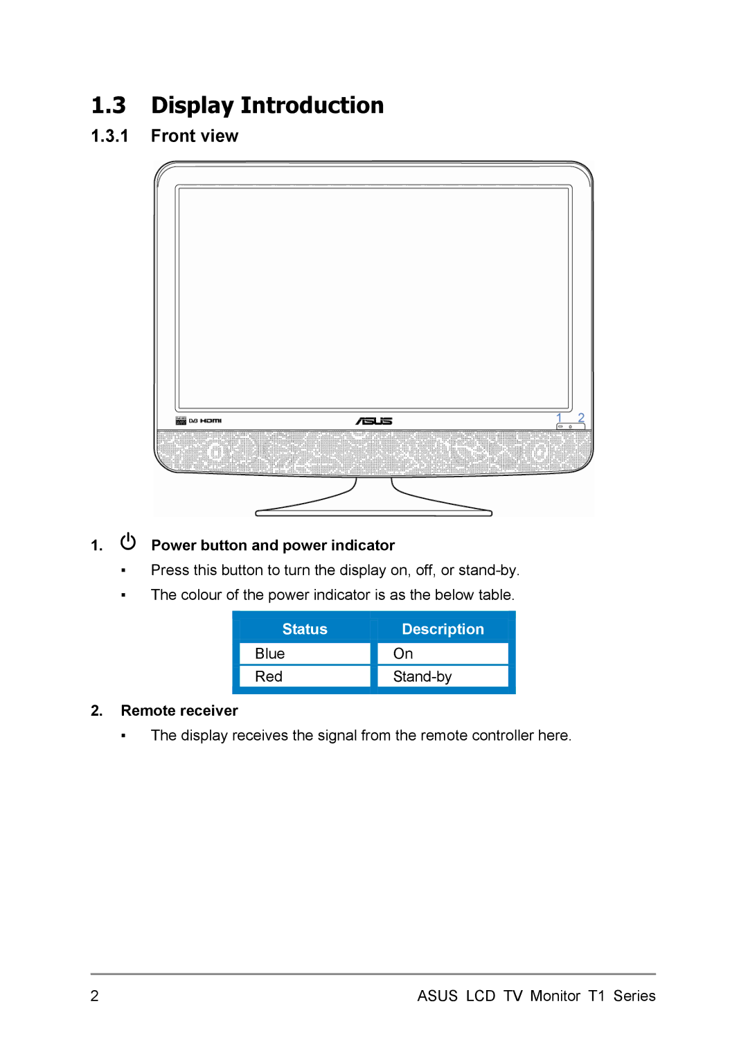 Asus T1 user manual Display Introduction, Front view, Power button and power indicator, Remote receiver 